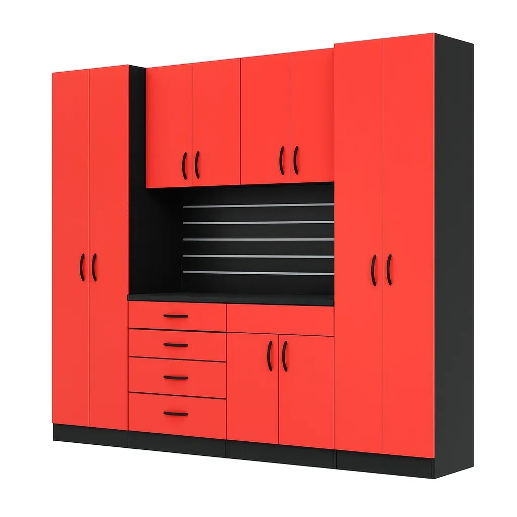 Système de rangement modulaire pour outils en bois MDF rouge et noir pour garage