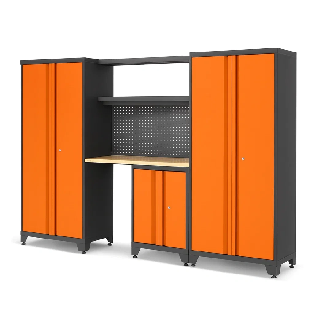 Système de rangement modulaire pour outils en métal orange avec établi en bois et panneau perforé