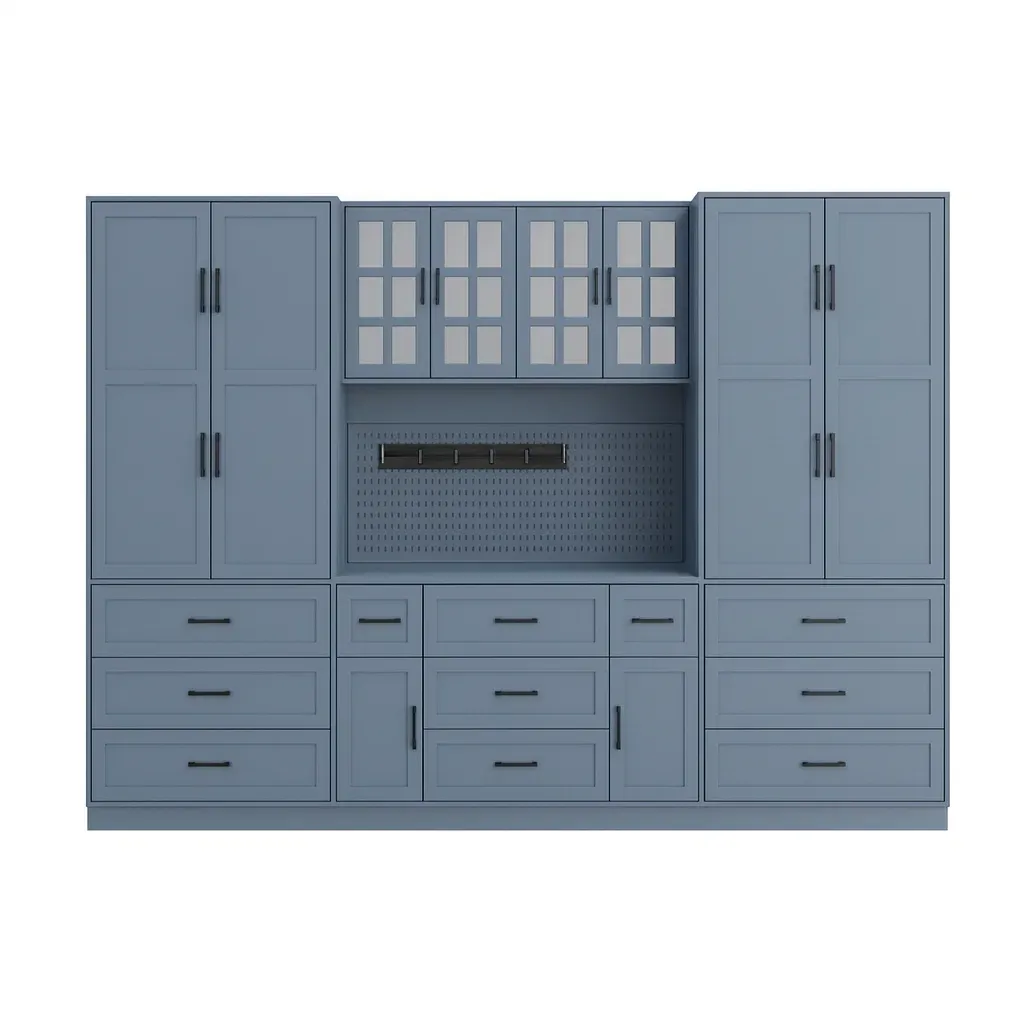 Système de rangement modulaire pour outils en bois et verre bleu 250×50×200 cm