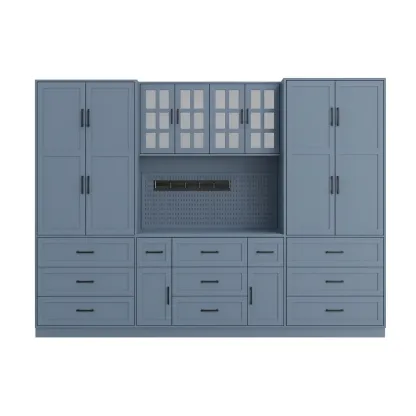 Système de rangement modulaire pour outils en bois et verre bleu 250×50×200 cm