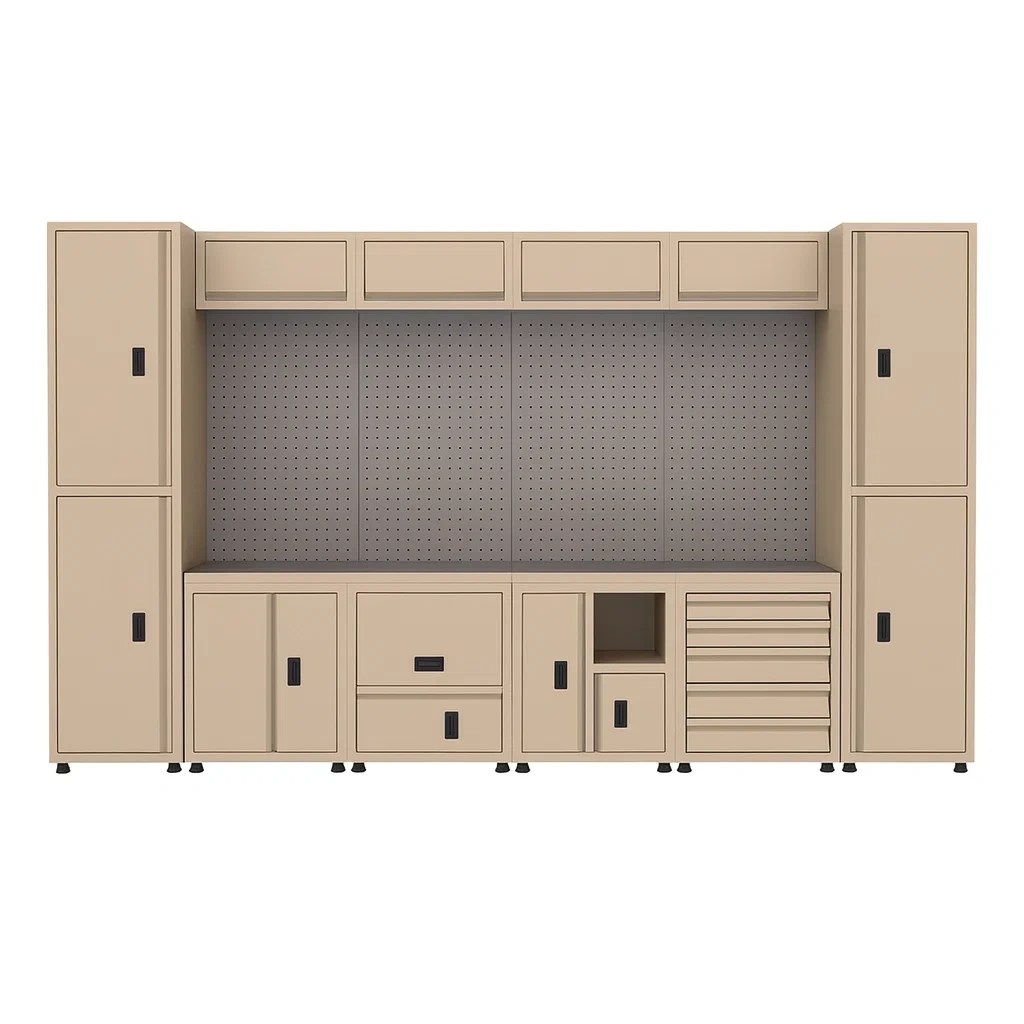 Système de rangement modulaire pour outils en métal beige avec portes et tiroirs pour garage