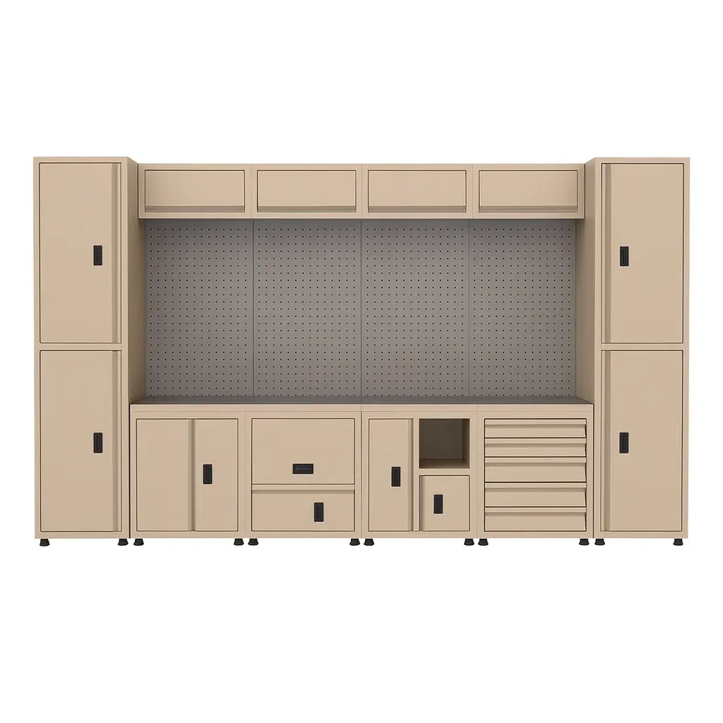 Système de rangement modulaire pour outils en métal beige avec portes et tiroirs pour garage