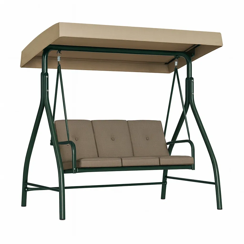 Balançoires de porche trois places beige structure métal avec coussins en tissu