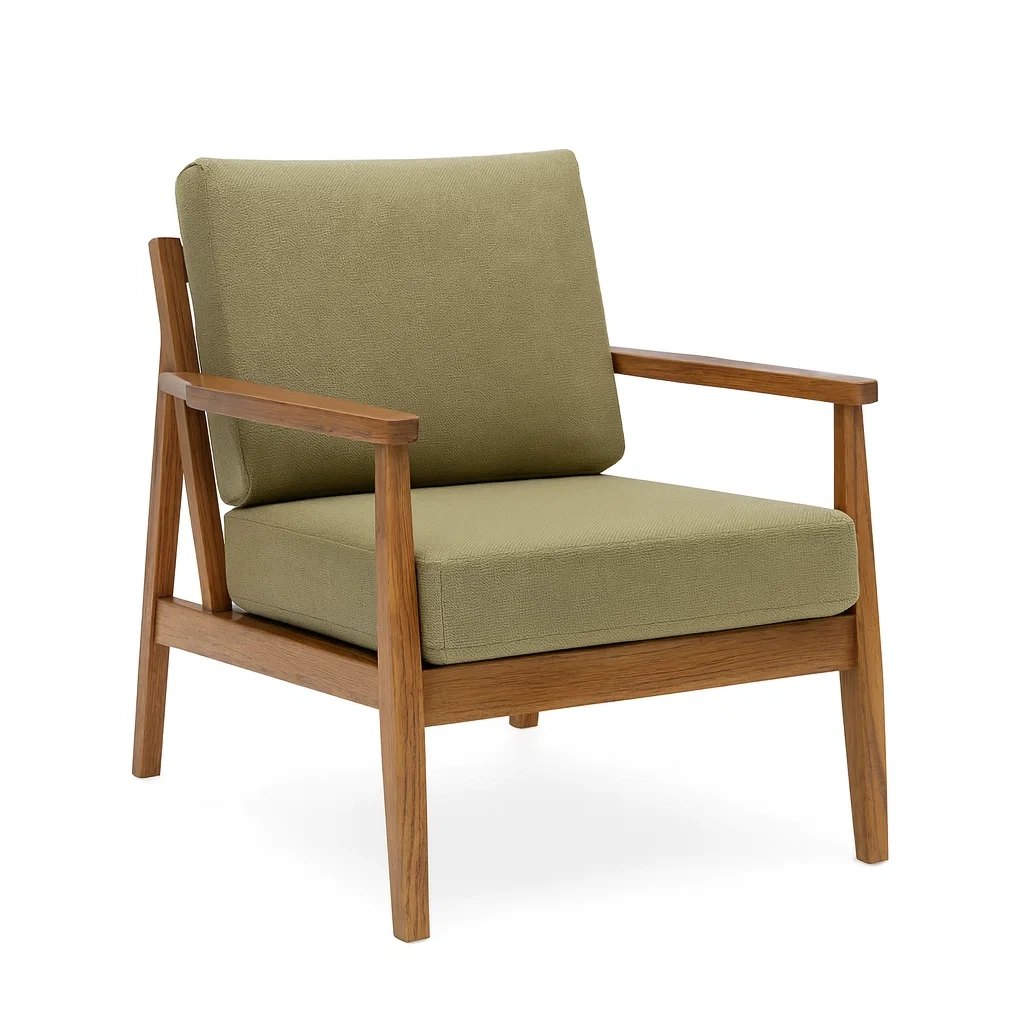 Fauteuil en bois avec coussins en tissu vert