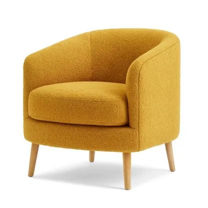 Fauteuil en bouclette jaune moutarde avec pieds en bois de hêtre