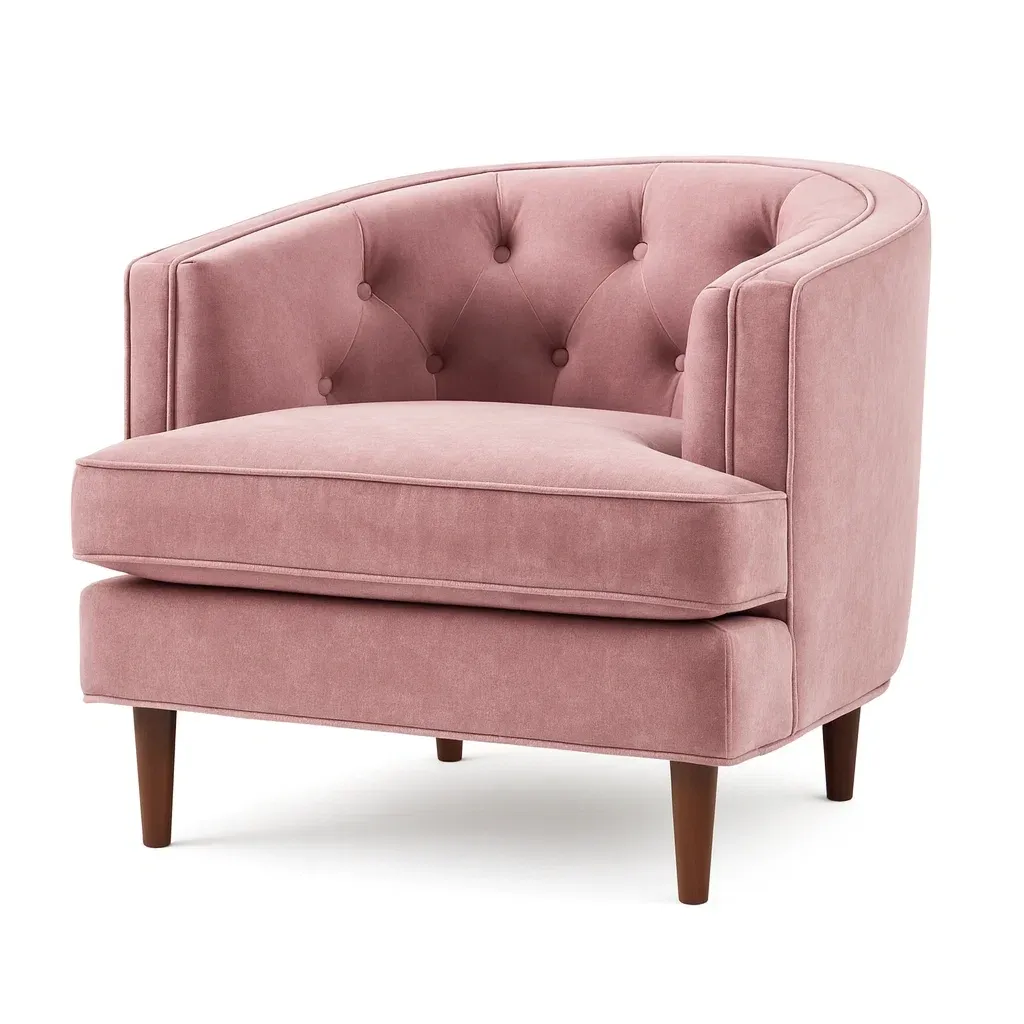 Fauteuil en velours rose avec pieds en bois
