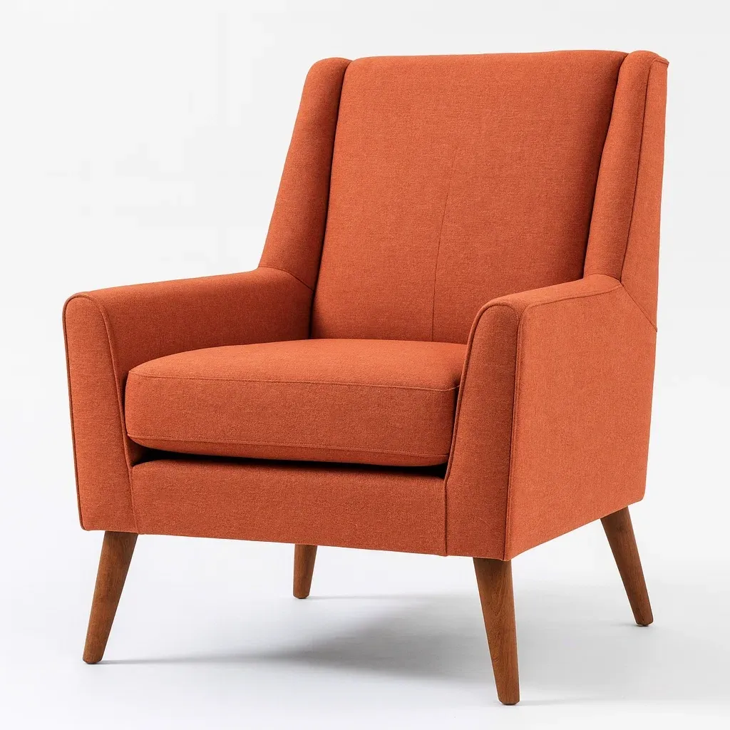 Fauteuil en tissu polyester orange avec pieds en bois