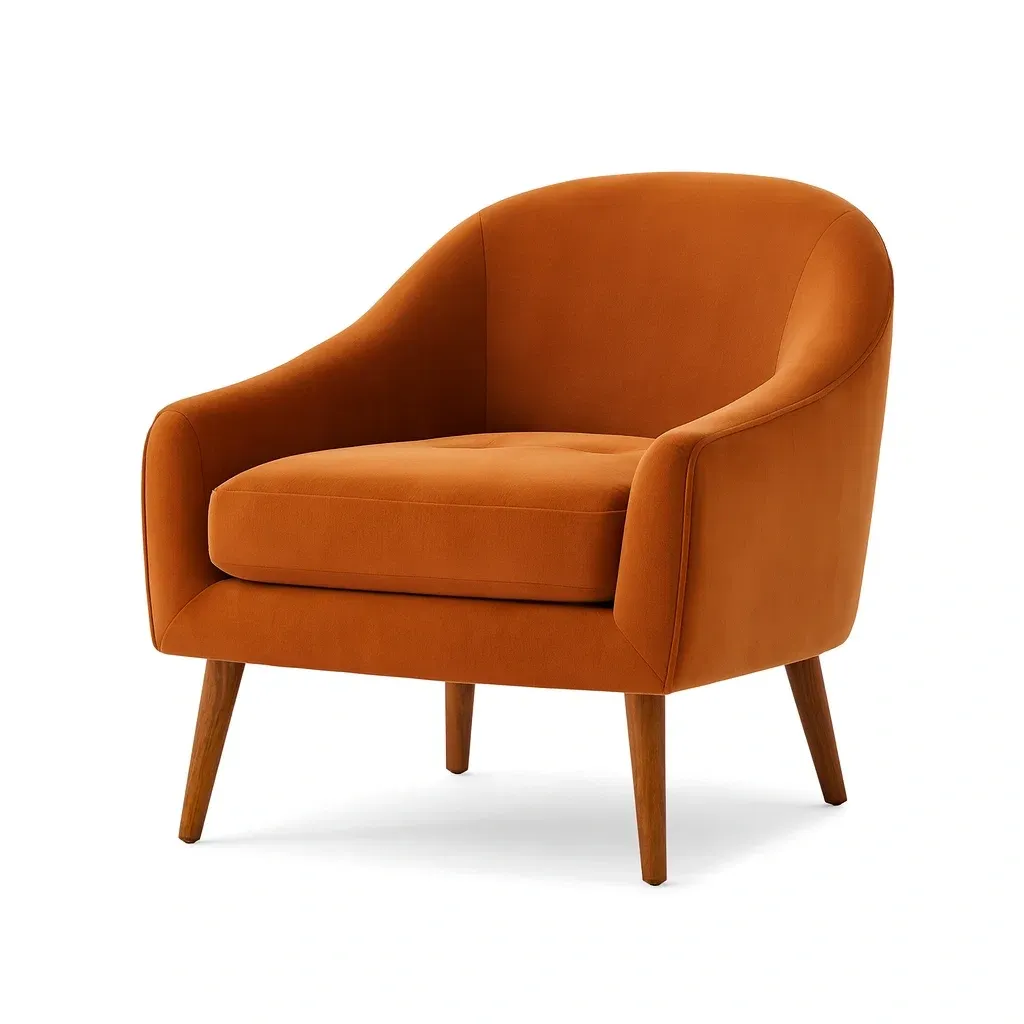 Fauteuil en velours orange avec pieds en bois
