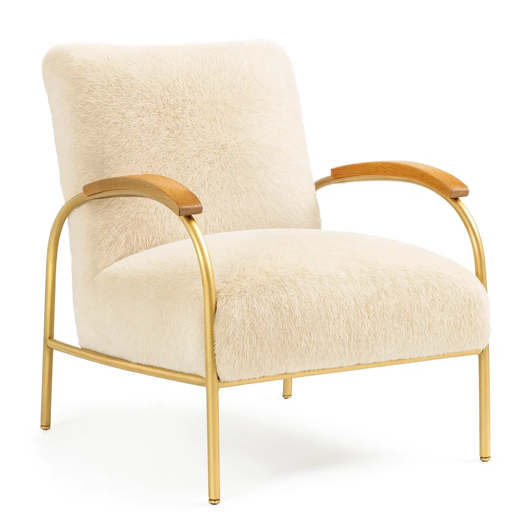Fauteuil en métal et bois avec revêtement en fausse fourrure blanc et doré