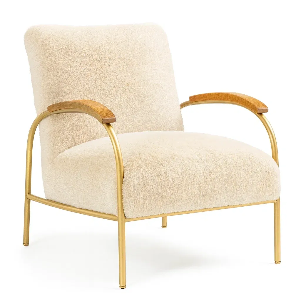 Fauteuil en métal et bois avec revêtement en fausse fourrure blanc et doré