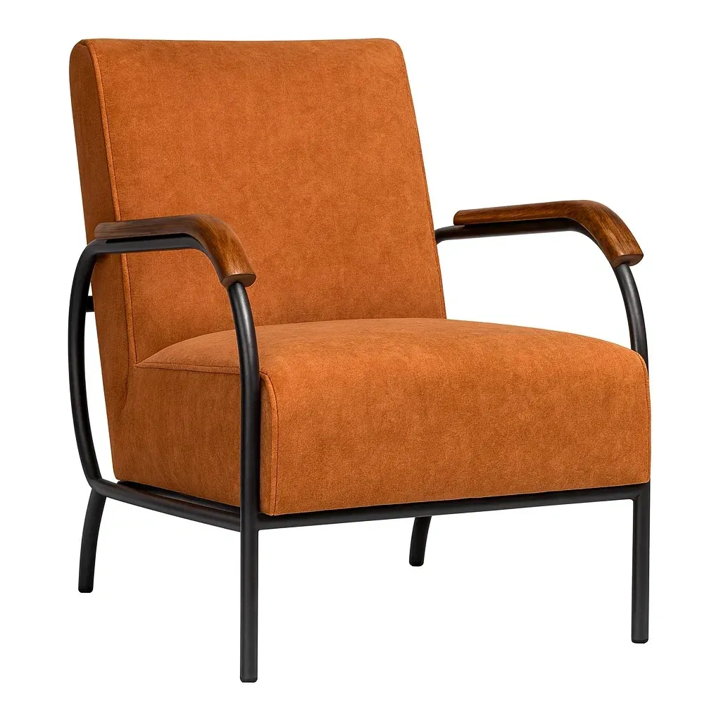 Fauteuil en tissu orange avec accoudoirs en bois et structure métallique