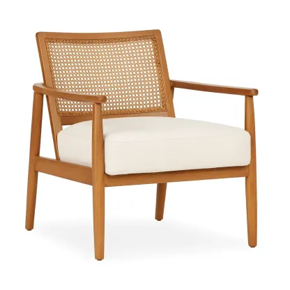 Fauteuil en bois et rotin avec assise en tissu beige