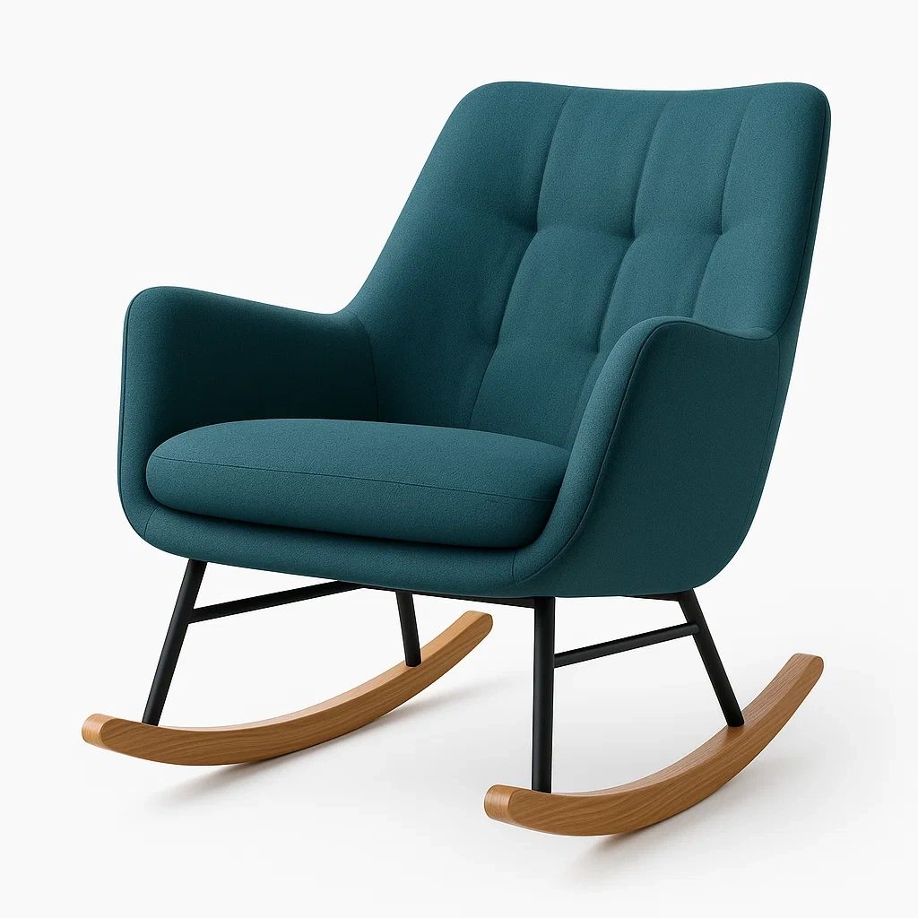 Fauteuil à bascule en tissu polyester bleu-vert avec structure en acier et pieds en hêtre