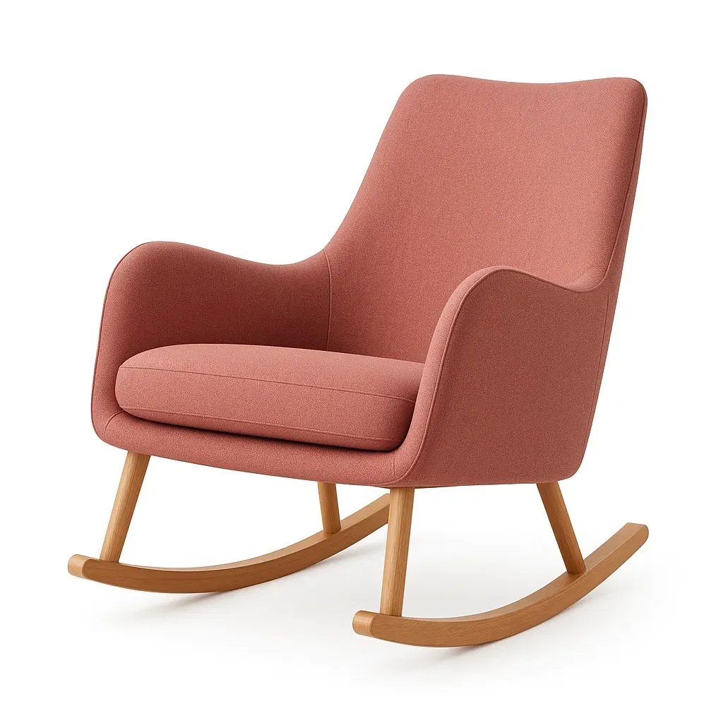 Fauteuil à bascule en tissu rose avec structure en bois