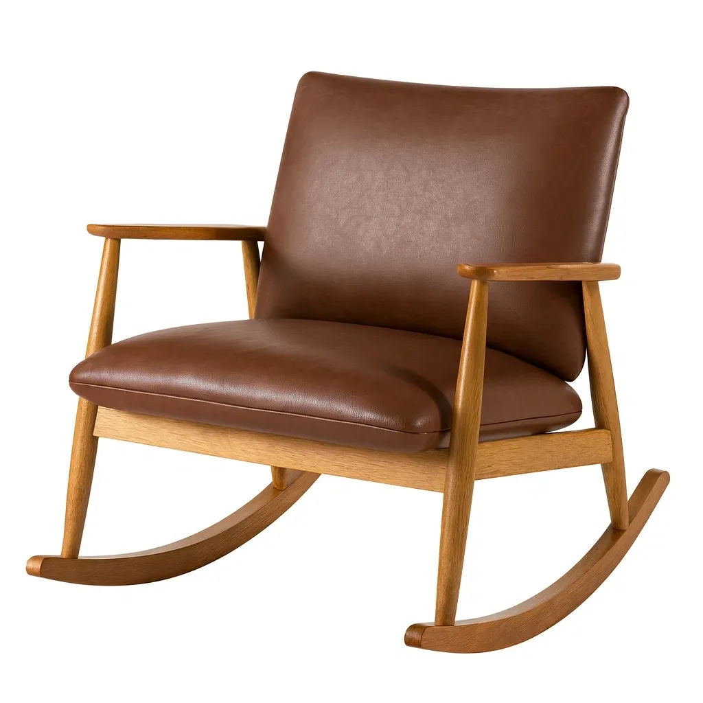 Fauteuil à bascule en cuir synthétique marron et bois