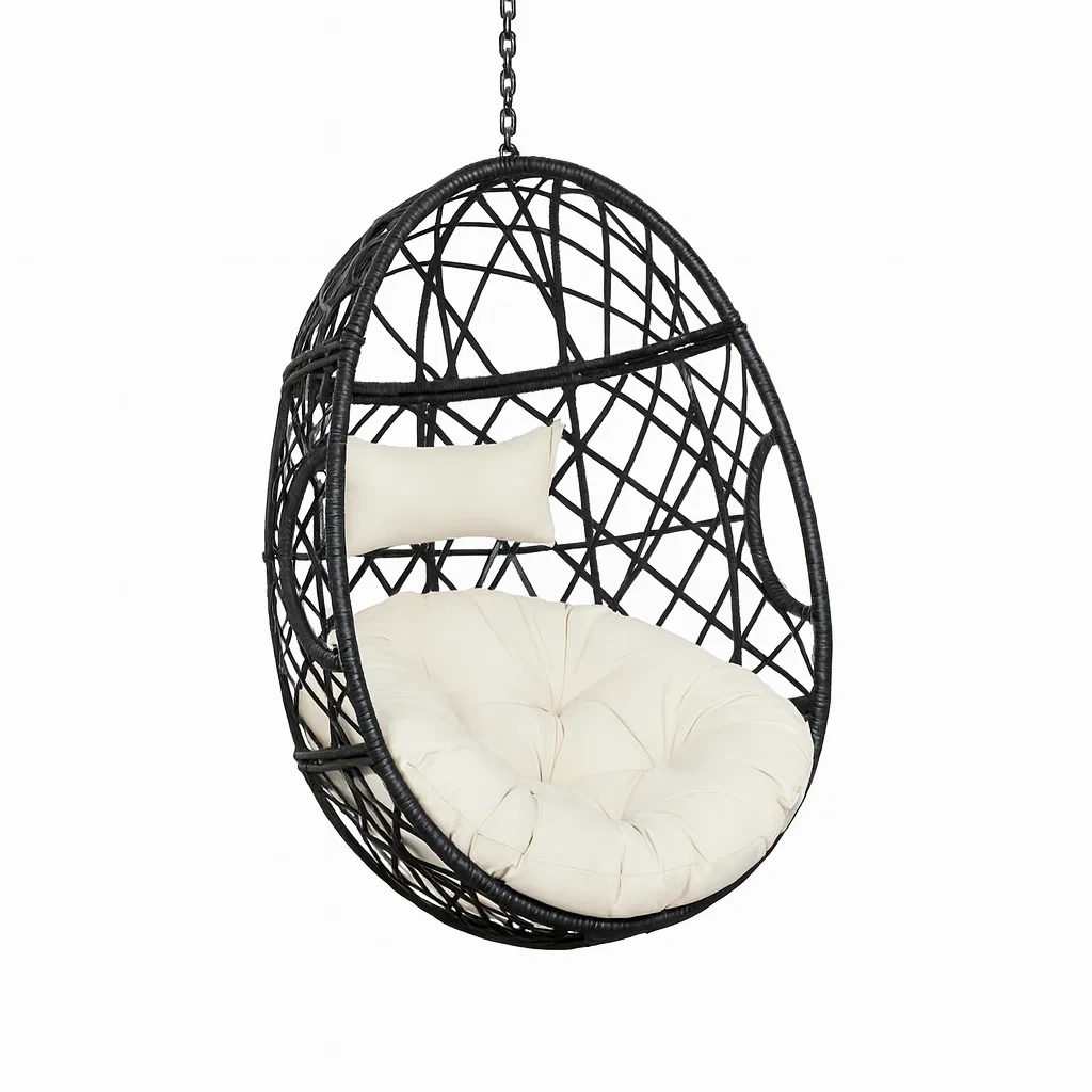 Fauteuils œuf suspendus en rotin synthétique noir avec coussin en polyester blanc