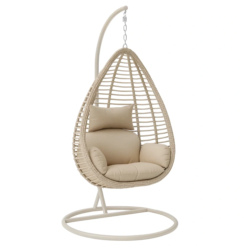 Fauteuils œuf suspendus en rotin beige avec support en acier