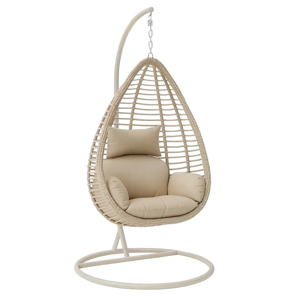 Fauteuils œuf suspendus en rotin beige avec support en acier