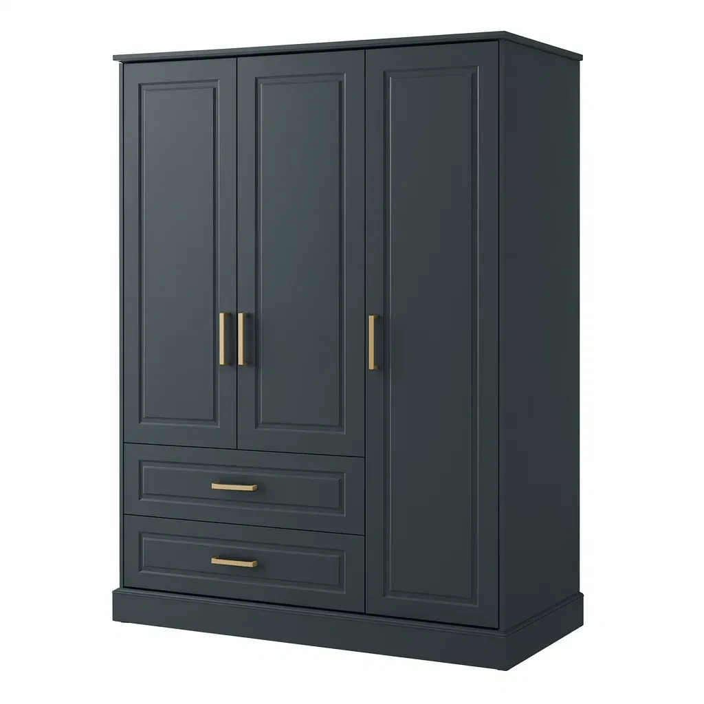 Armoire bleu foncé à 3 portes avec tiroirs en bois composite