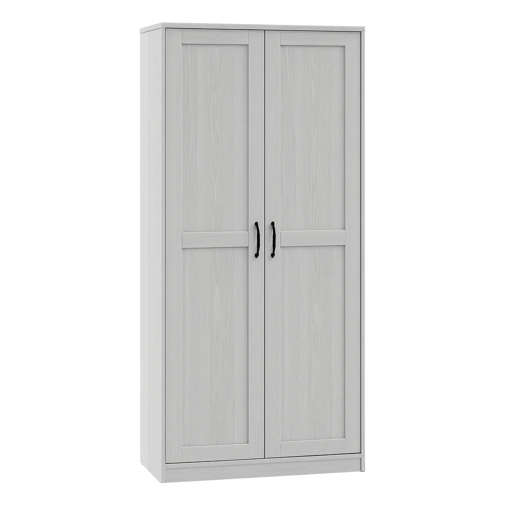 Armoire en bois composite gris à deux portes avec poignées en acier