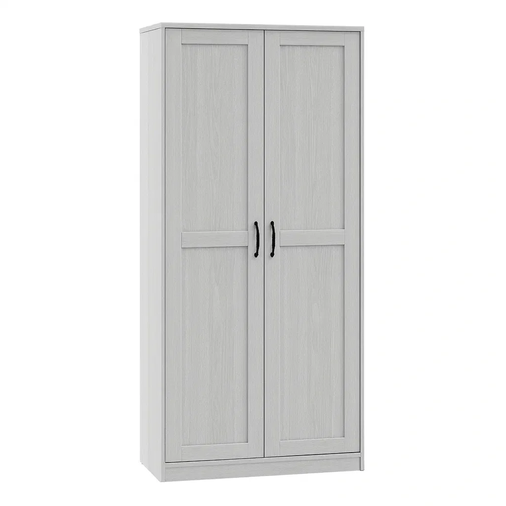 Armoire en bois composite gris à deux portes avec poignées en acier