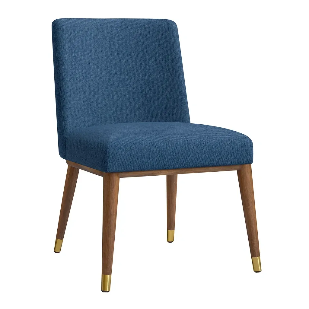 Chaises de salle à manger en tissu bleu avec pieds en bois et embouts dorés