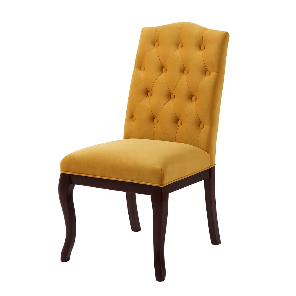Chaises de salle à manger en velours jaune avec pieds en bois massif