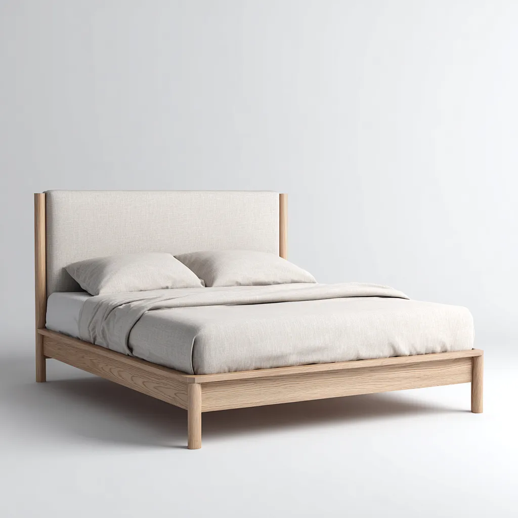 Lit 2 places - bois et tissu 200x180x100 cm - beige-bois clair - pour chambre - design moderne-Nicheoliq