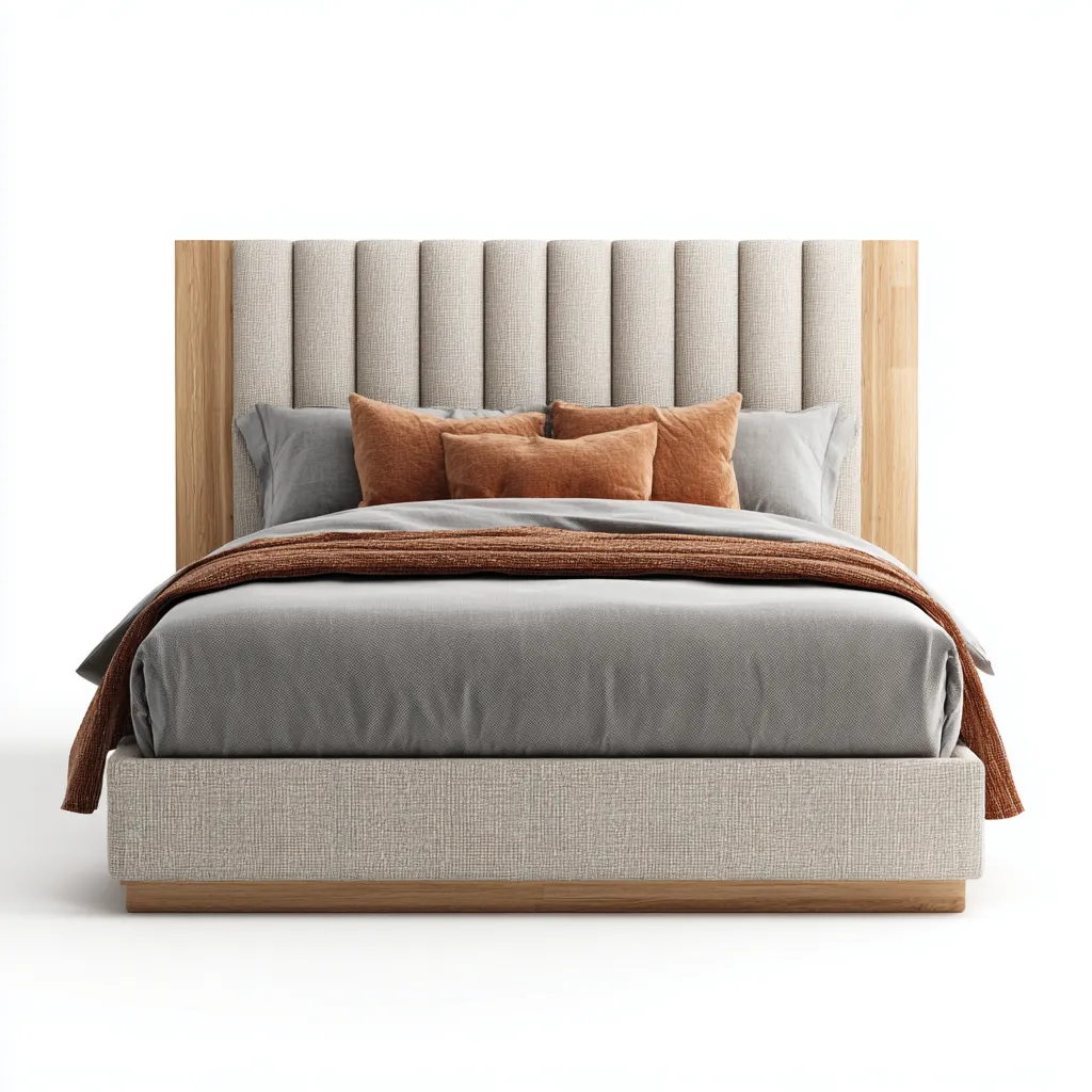 Lit 2 places Tissu-Bois 200x180x110 cm - beige-bois naturel - adapté à la chambre - design moderne-Nicheoliq