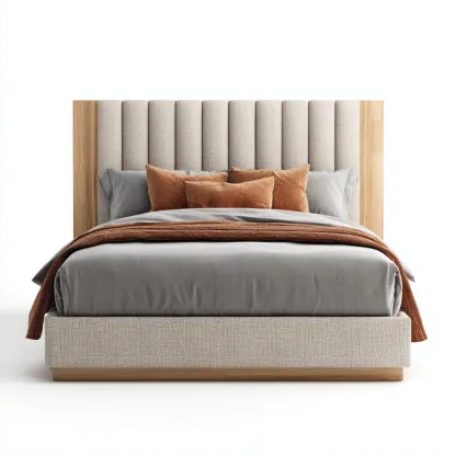 Lit 2 places Tissu-Bois 200x180x110 cm - beige-bois naturel - adapté à la chambre - design moderne-Nicheoliq