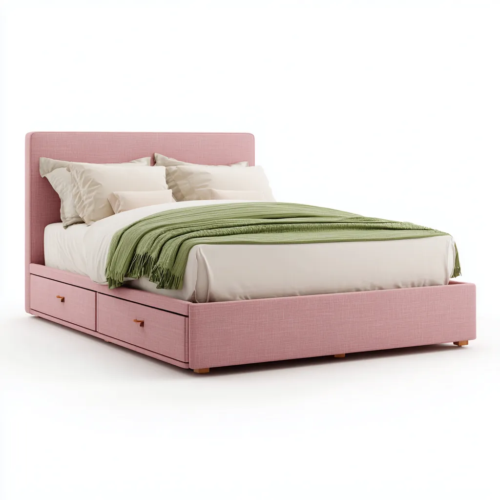 Lit 2 places tissu 200x180x95 cm - rose - pour chambre - style moderne - avec rangements-Nicheoliq