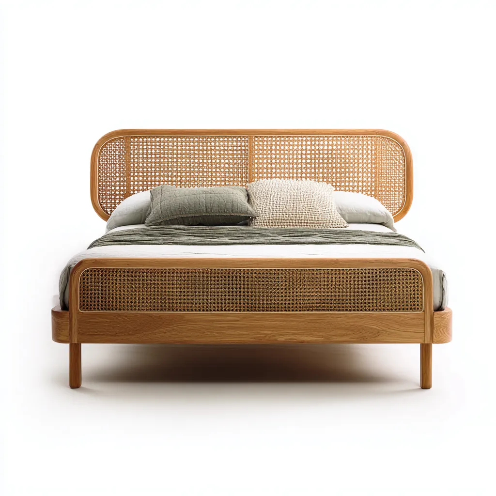 Lit 2 places bois et rotin 200x180x95 cm - chêne clair - pour chambre - style naturel-Nicheoliq