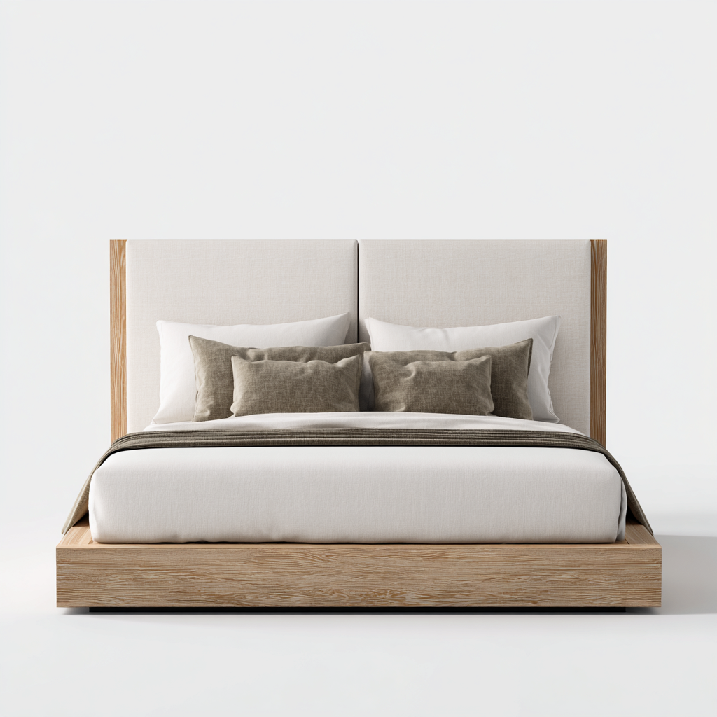 Lit 2 places bois et tissu 200x180x95 cm - chêne clair - pour chambre - style moderne-Nicheoliq