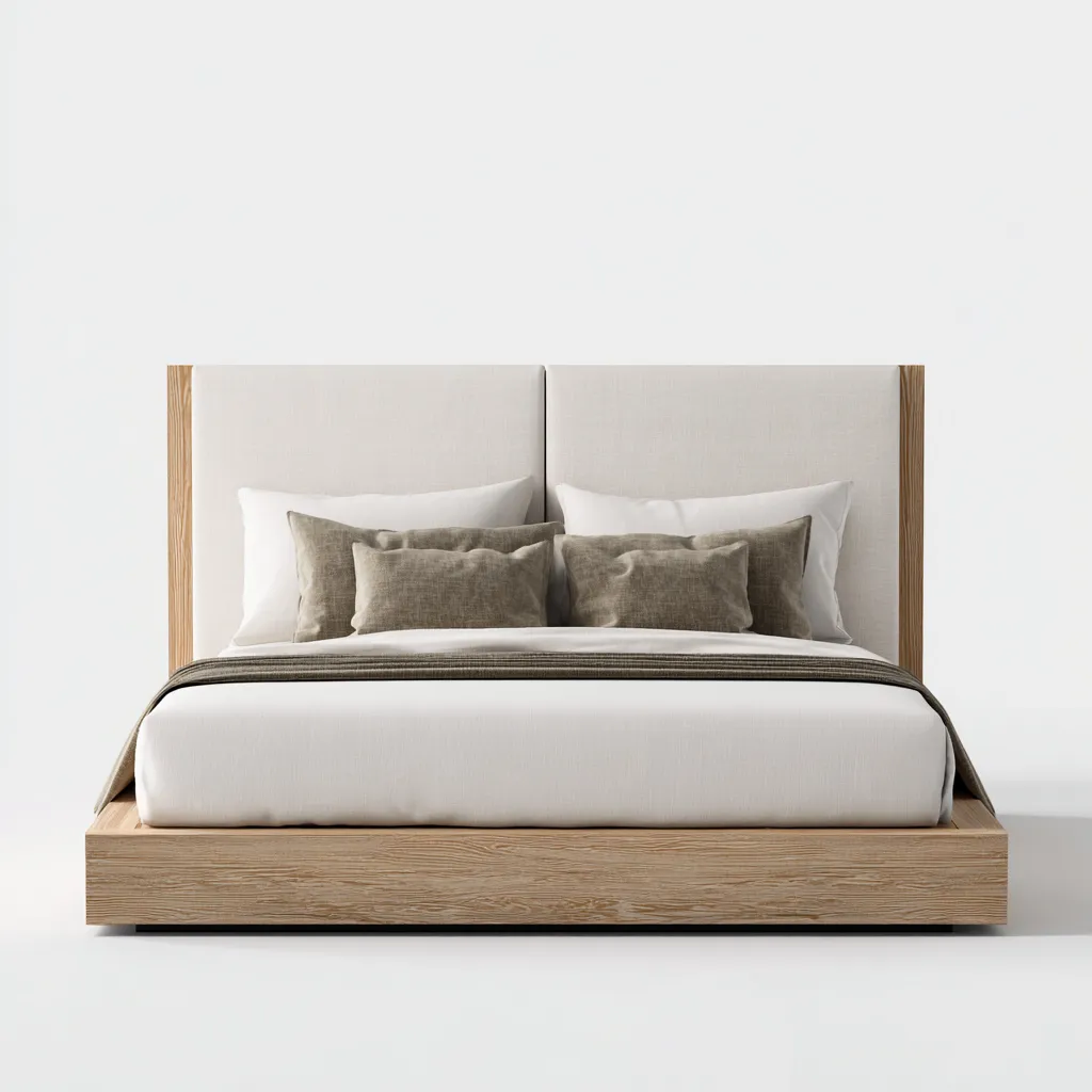 Lit 2 places bois et tissu 200x180x95 cm - chêne clair - pour chambre - style moderne-Nicheoliq