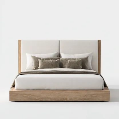 Lit 2 places bois et tissu 200x180x95 cm - chêne clair - pour chambre - style moderne-Nicheoliq