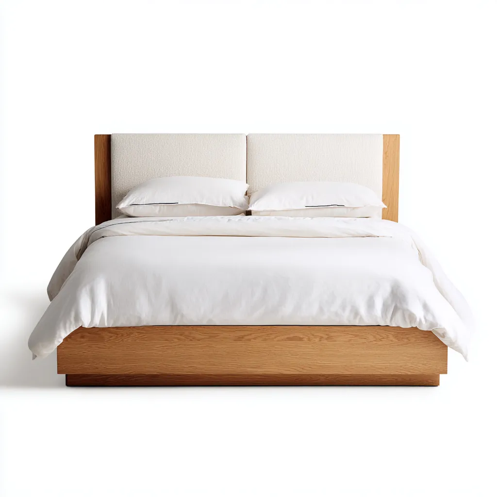 Lit 2 places bois et tissu 200x180x95 cm - chêne clair - pour chambre - style moderne-Nicheoliq