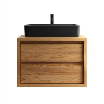 Meuble lavabo mural - bois MDF effet chêne - 80x45x50 cm - bois naturel-noir - pour salle de bain - design moderne-Nicheoliq