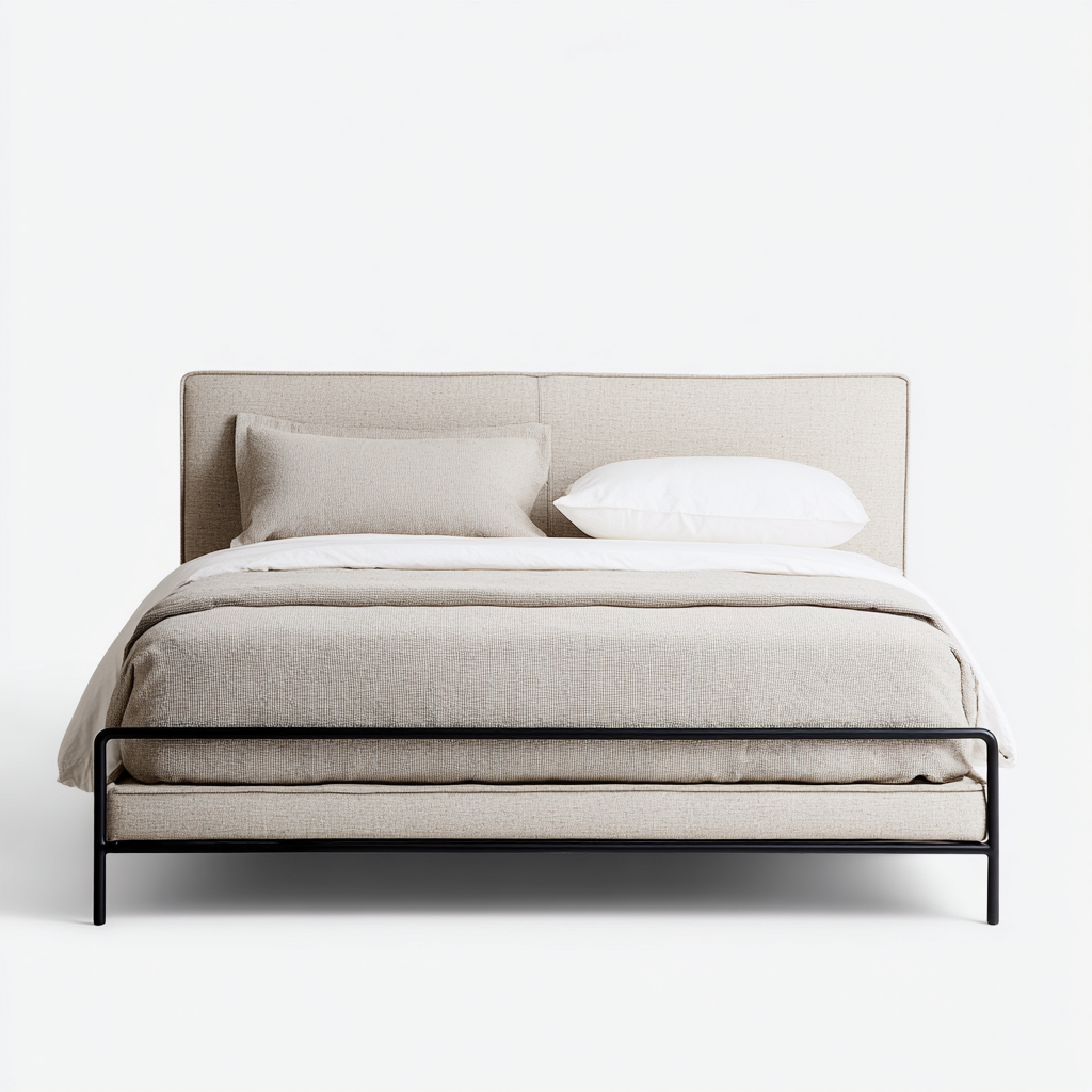 Lit 2 places Tissu-Métal 200x180x110 cm - beige-noir - adapté à la chambre - design moderne-Nicheoliq