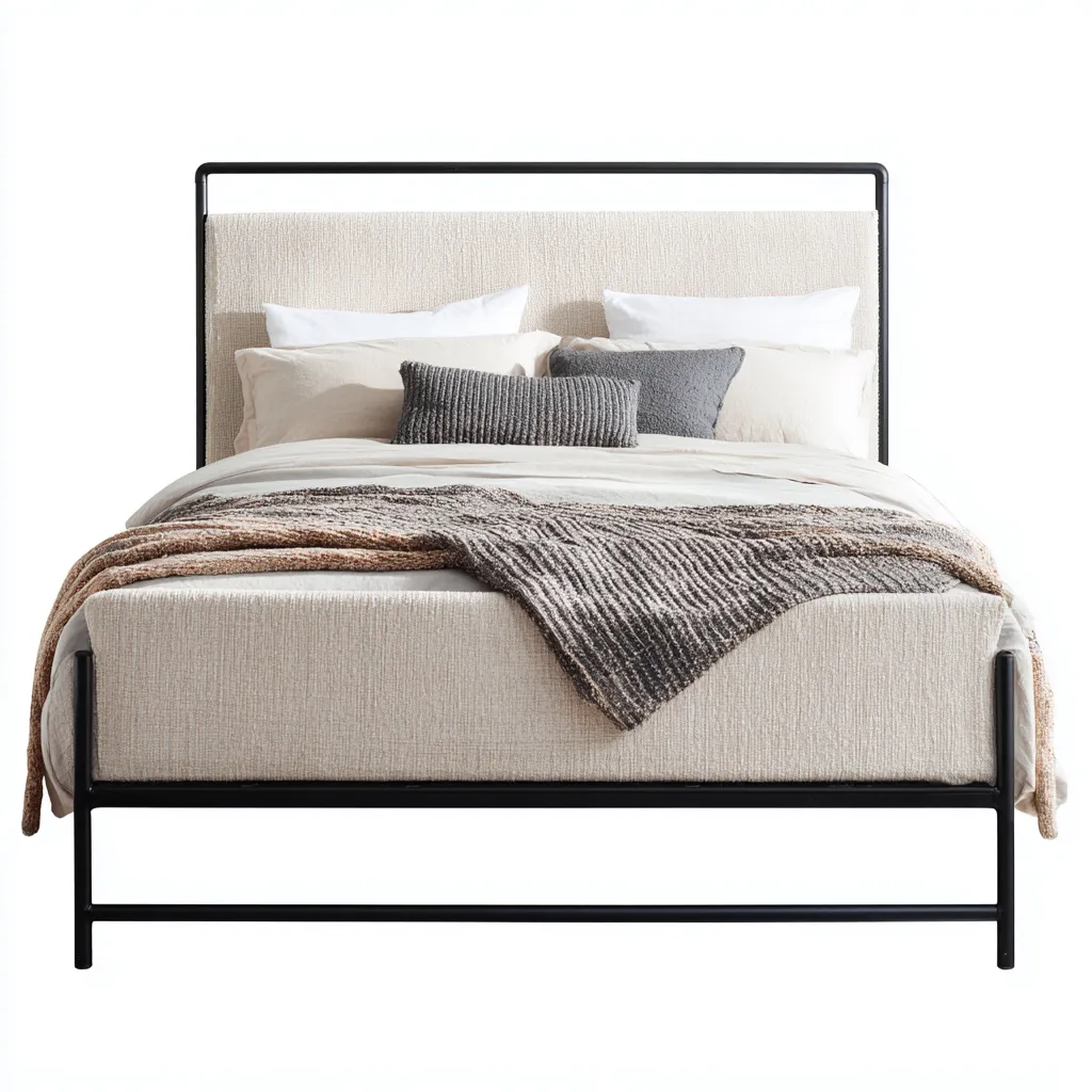 Lit 2 places Tissu-Métal 200x180x110 cm - beige-noir - adapté à la chambre - design moderne-Nicheoliq