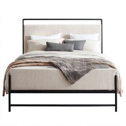 Lit 2 places Tissu-Métal 200x180x110 cm - beige-noir - adapté à la chambre - design moderne-Nicheoliq