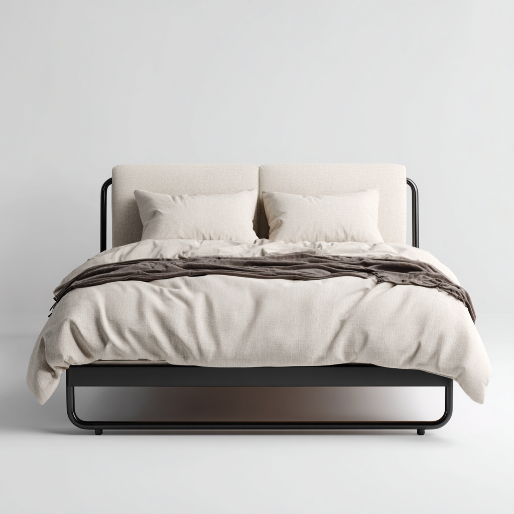 Lit 2 places Tissu-Métal 200x180x110 cm - beige-noir - adapté à la chambre - design moderne-Nicheoliq