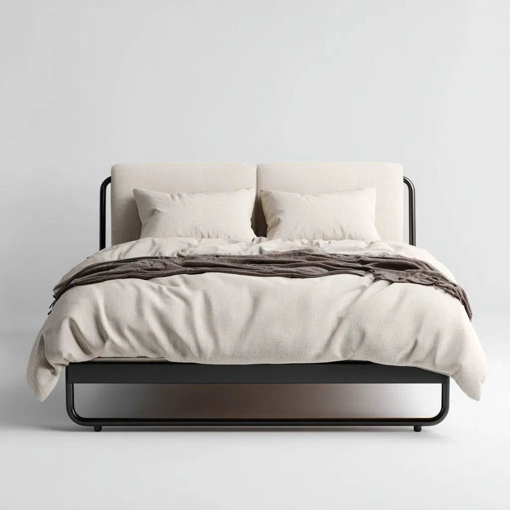 Lit 2 places Tissu-Métal 200x180x110 cm - beige-noir - adapté à la chambre - design moderne-Nicheoliq