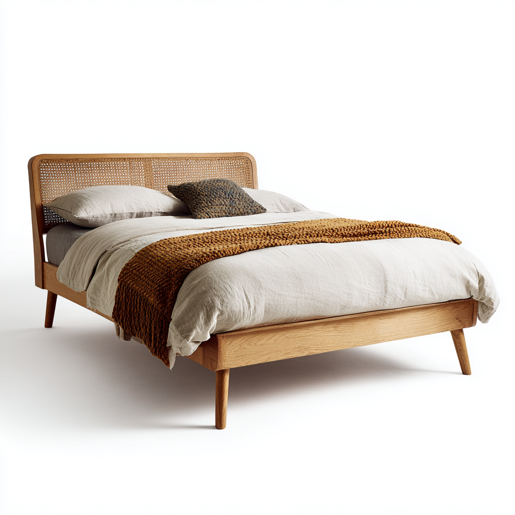 Lit 2 places bois et rotin 200x180x95 cm - chêne clair - pour chambre - style moderne-Nicheoliq