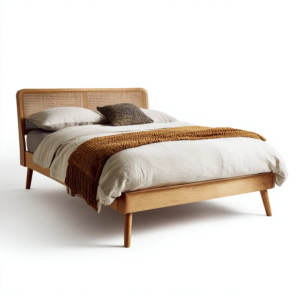 Lit 2 places bois et rotin 200x180x95 cm - chêne clair - pour chambre - style moderne-Nicheoliq