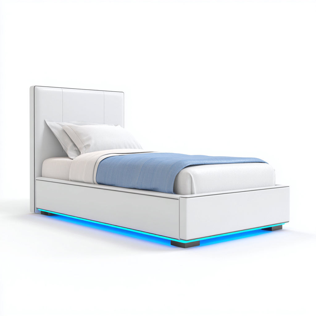 Lit 1 place simili cuir blanc 200x90x95 cm - avec éclairage LED - design moderne pour chambre-Nicheoliq