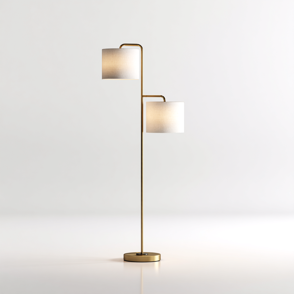 Lampadaire métal et tissu double abat-jour 40x28x165 cm blanc-or - design moderne pour salon-Nicheoliq