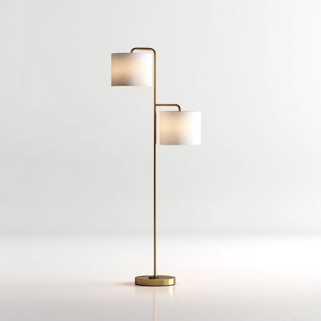 Lampadaire métal et tissu double abat-jour 40x28x165 cm blanc-or - design moderne pour salon-Nicheoliq