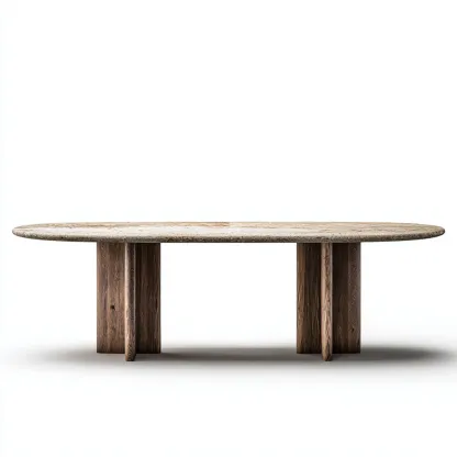 Table à manger bois massif et pierre reconstituée 220x100x75 cm - beige-marron - adapté à la salle à manger - design contemporain-Nicheoliq