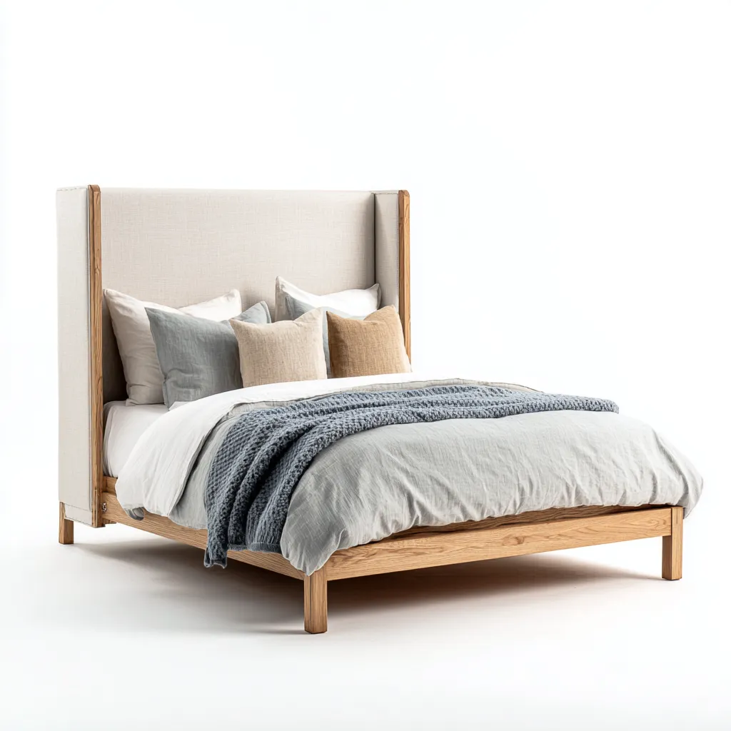 Lit 2 places Tissu-Bois 200x180x110 cm - beige-bois naturel - adapté à la chambre - design moderne-Nicheoliq