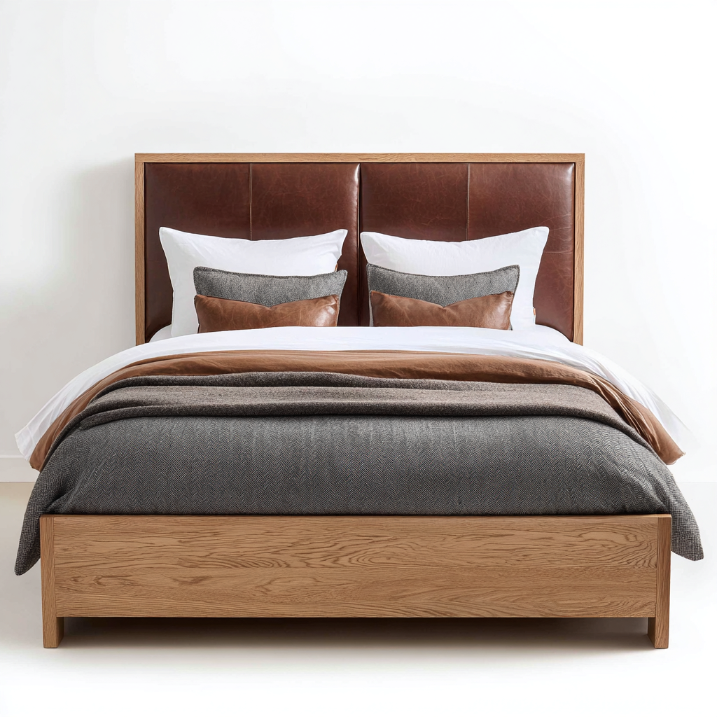 Lit 2 places bois et cuir 200x180x95 cm - chêne clair - pour chambre - style moderne-Nicheoliq